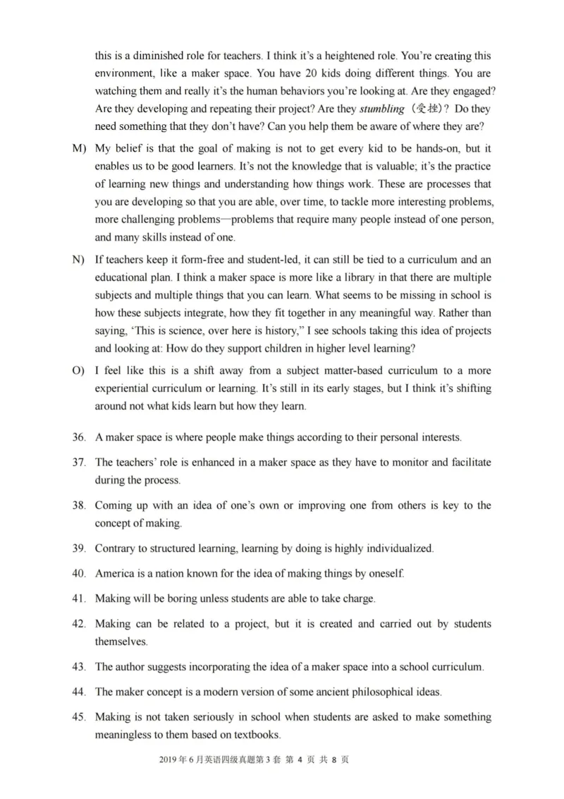 2019.06四级真题第3套可复制可检索_大学英语四级+六级_四级真题_四级真题_2019年06月CET4题+解+音频_01、真题PDF版（推荐使用）❤