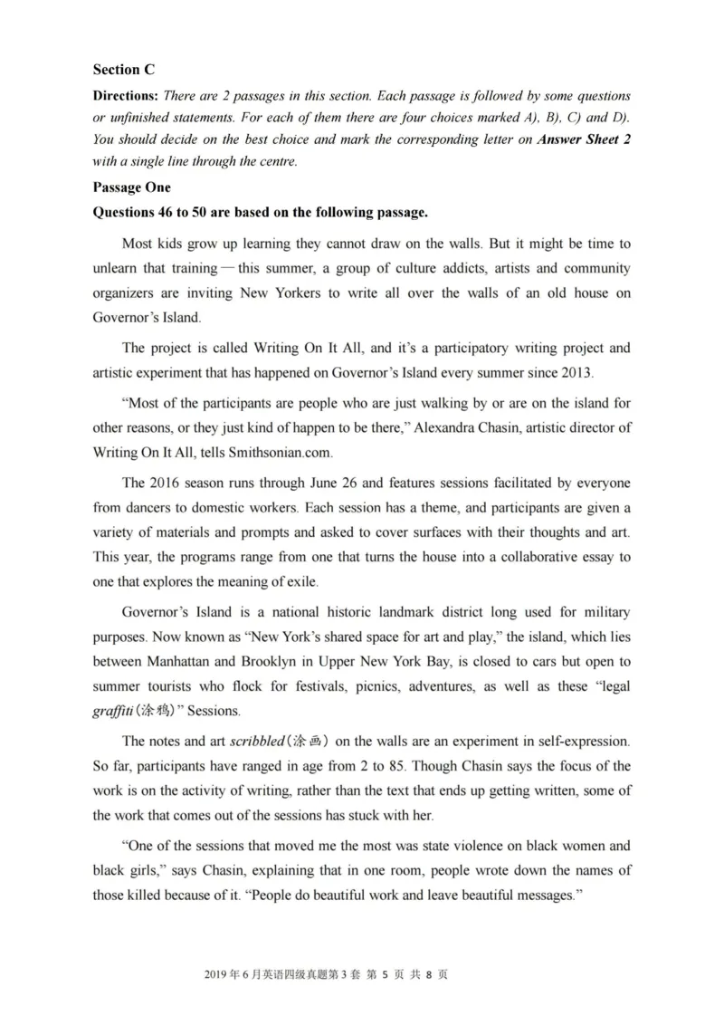 2019.06四级真题第3套可复制可检索_大学英语四级+六级_四级真题_四级真题_2019年06月CET4题+解+音频_01、真题PDF版（推荐使用）❤