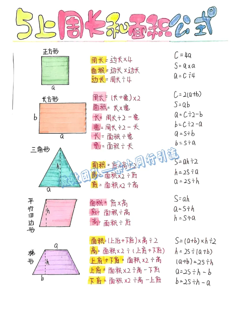 五上周长和面积公式（分享版）_小学全网线上同款资料_26号文件5上6上数学