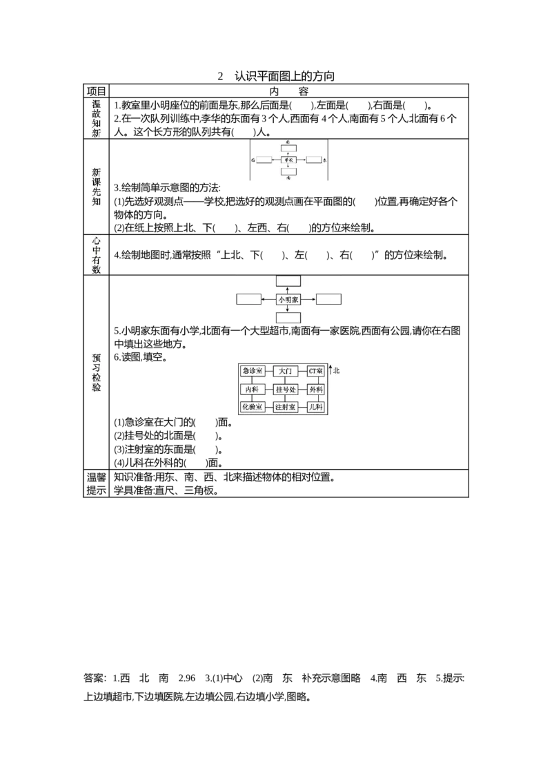 3.2认识平面图上的方向_三年级上下册资料_3年级下册教学资源包教案+学案_第三单元辨认方向（教案+学案）_学案