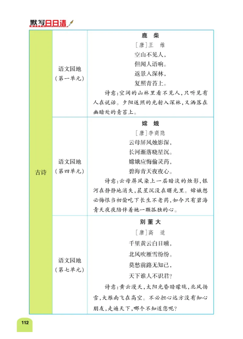 四（上）语文：默写日日清_上册_四（上）语文期末专项练习文件夹