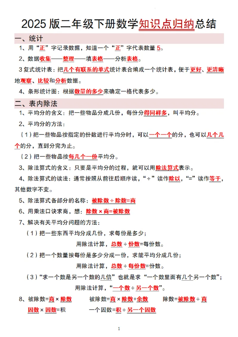 2133数学人教版2025版二年级下册数学知识点归纳总结_二年级上下册资料_二年级下册小红书同款资料_二下数学_二下数学