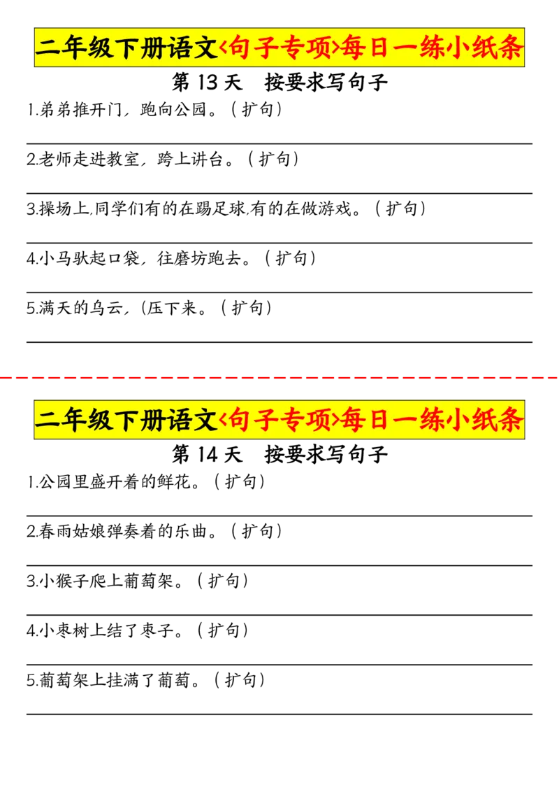 2063二（下）语文句子专项每日一练小纸条_二年级上下册资料_二年级下册小红书同款资料_二下语文_二下语文