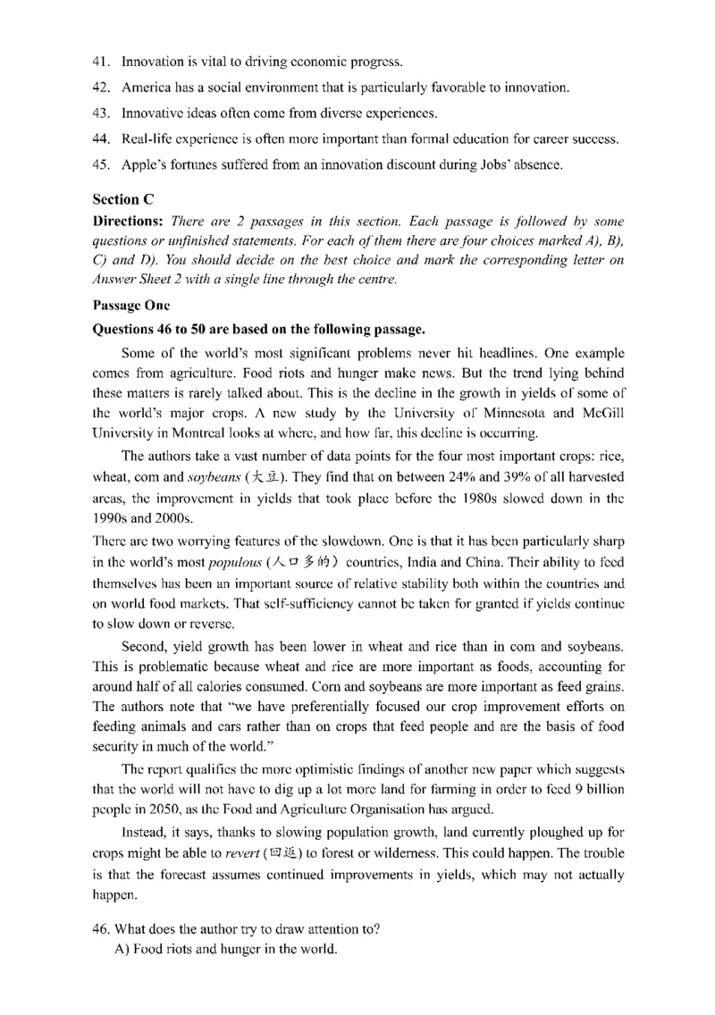 2015年06月四级真题第1套可复制可搜索_大学英语四级+六级_四级真题_四级真题_1990年-2018年真题资料合集_2015年06月CET4题+解+音频_01、真题PDF版（推荐使用）❤