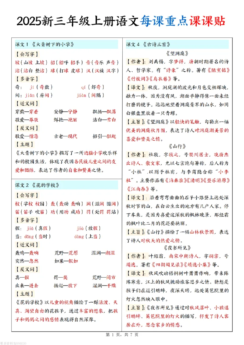 2025新三上语文每课重点课课贴（7页）_25秋语文1-6课课贴