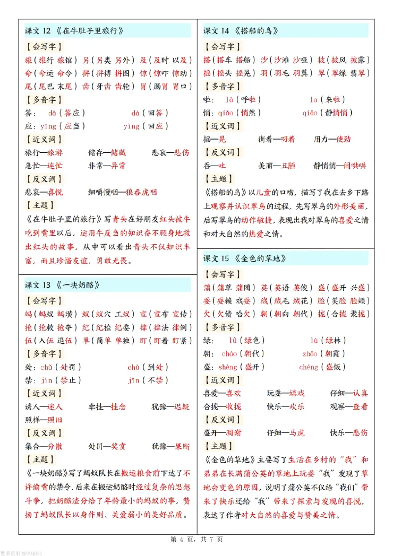 2025新三上语文每课重点课课贴（7页）_25秋语文1-6课课贴