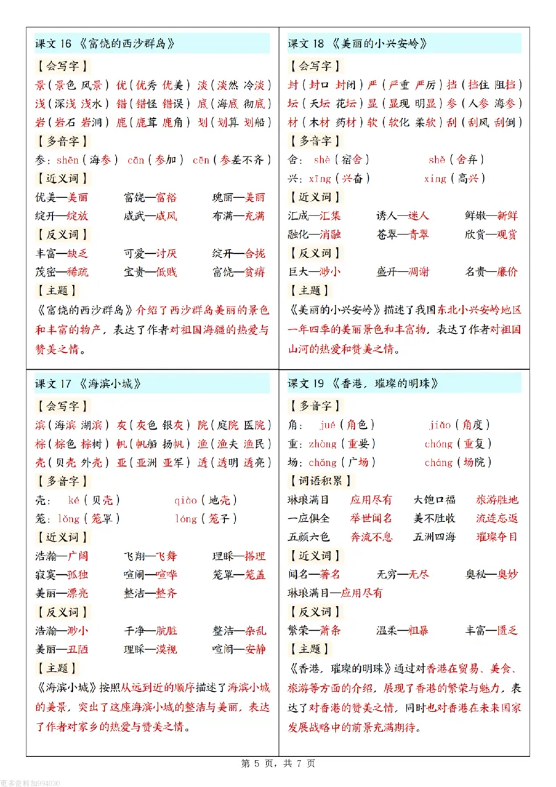 2025新三上语文每课重点课课贴（7页）_25秋语文1-6课课贴