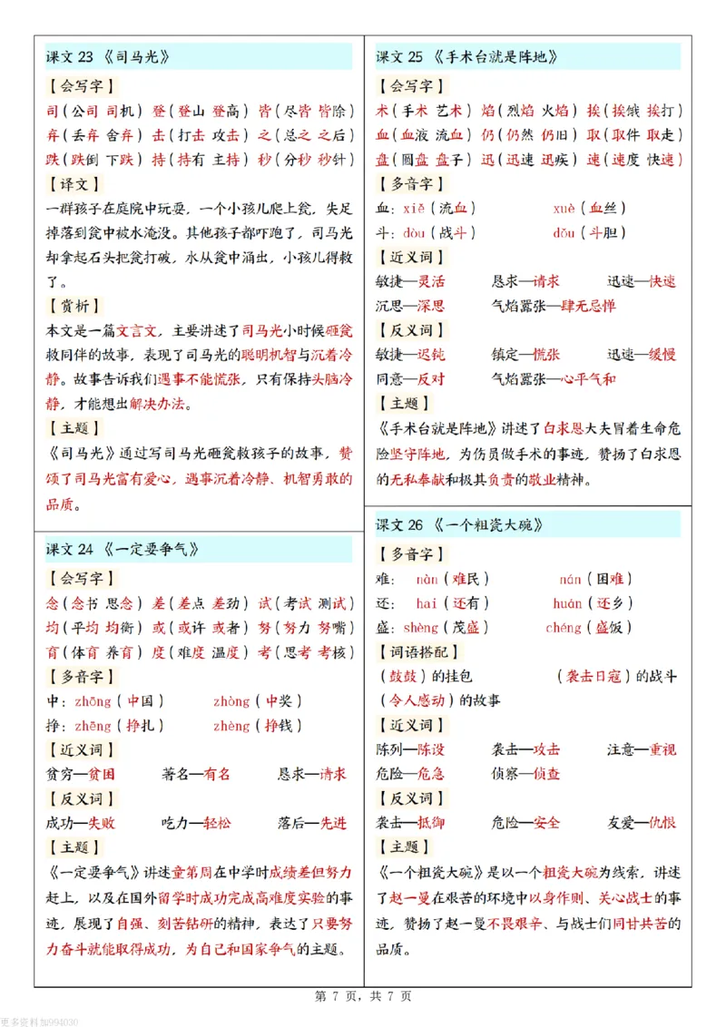 2025新三上语文每课重点课课贴（7页）_25秋语文1-6课课贴