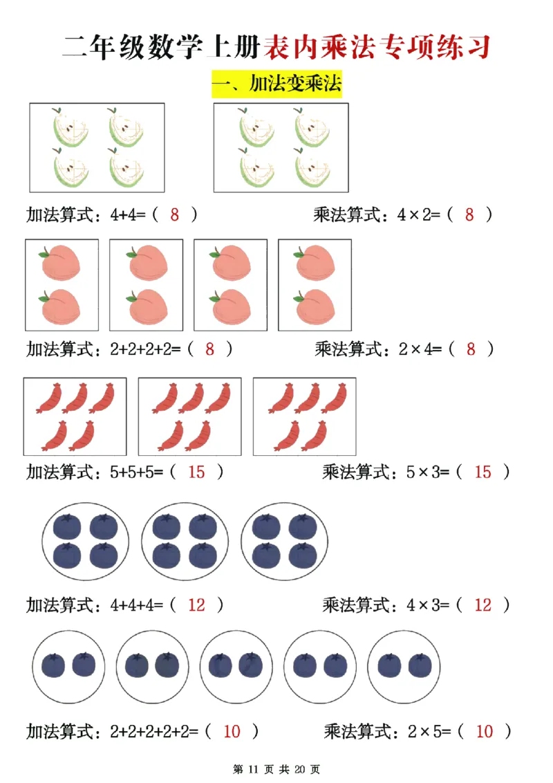 25秋二年级数学上册表内乘法专项练习20页_25秋数学1-6年级上册热门资料