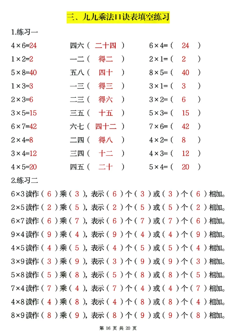 25秋二年级数学上册表内乘法专项练习20页_25秋数学1-6年级上册热门资料