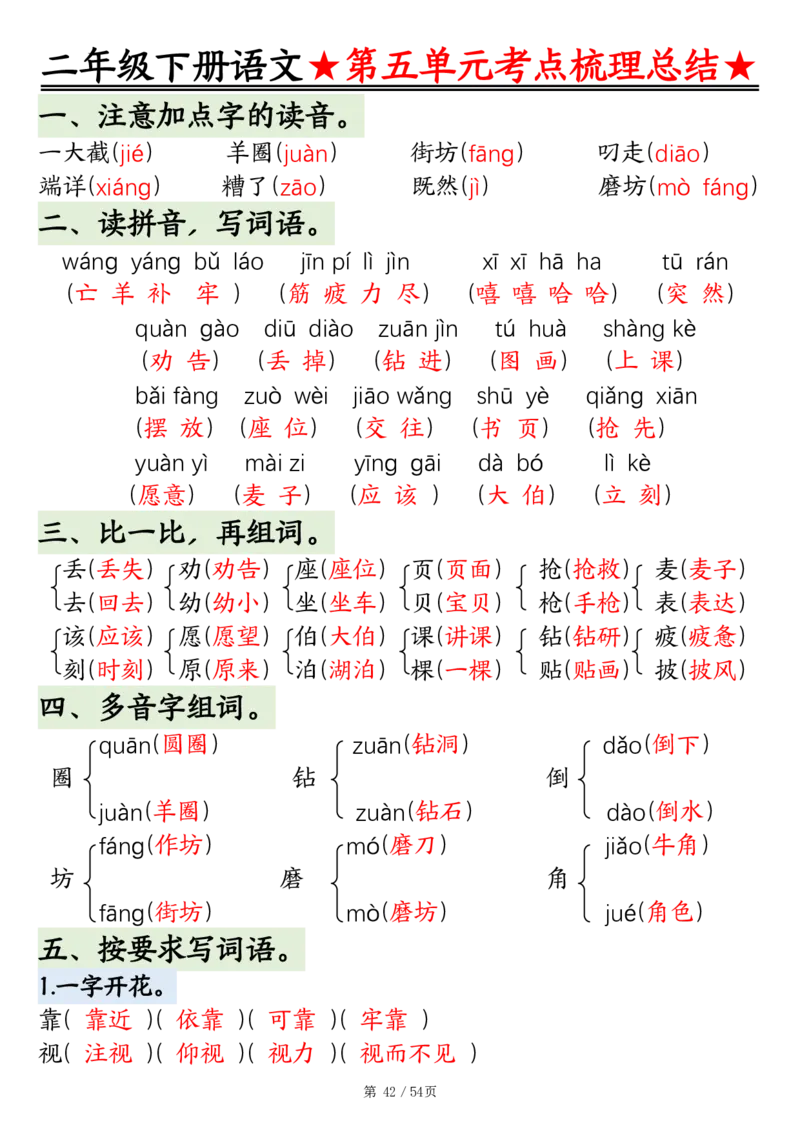 2148二年级语文下册1-8单元基础知识通关练（练习+答案）54页_二年级上下册资料_二年级下册小红书同款资料_二下语文_二下语文