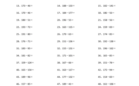 200以内减法第1-10篇_小学数学口算竖式脱式计算应用题一二三四五六年级上下册电_小学数学口算题库电子版（1-6）_小学数学口算二年级_口算题适合2年级_（整数）200以内-减法（100篇）