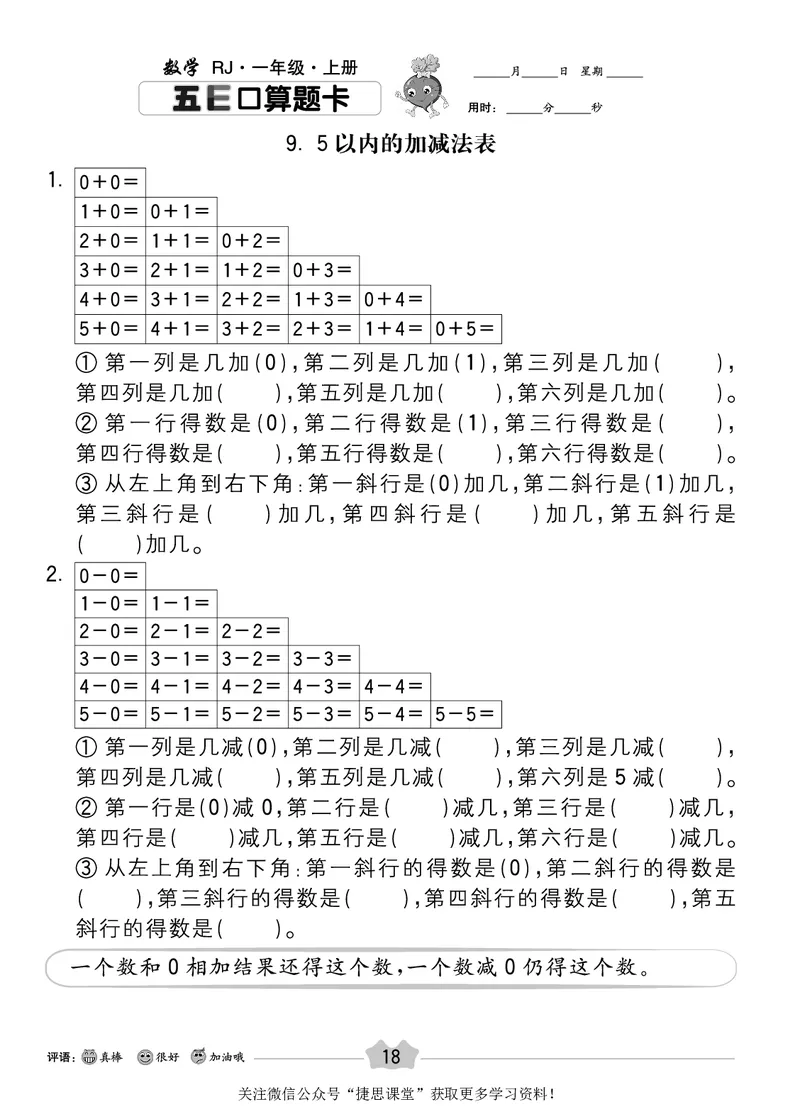 五E口算题卡一年级上册数学人教版_1~6年级全册五E口算题卡(1)_1年级五E口算题卡
