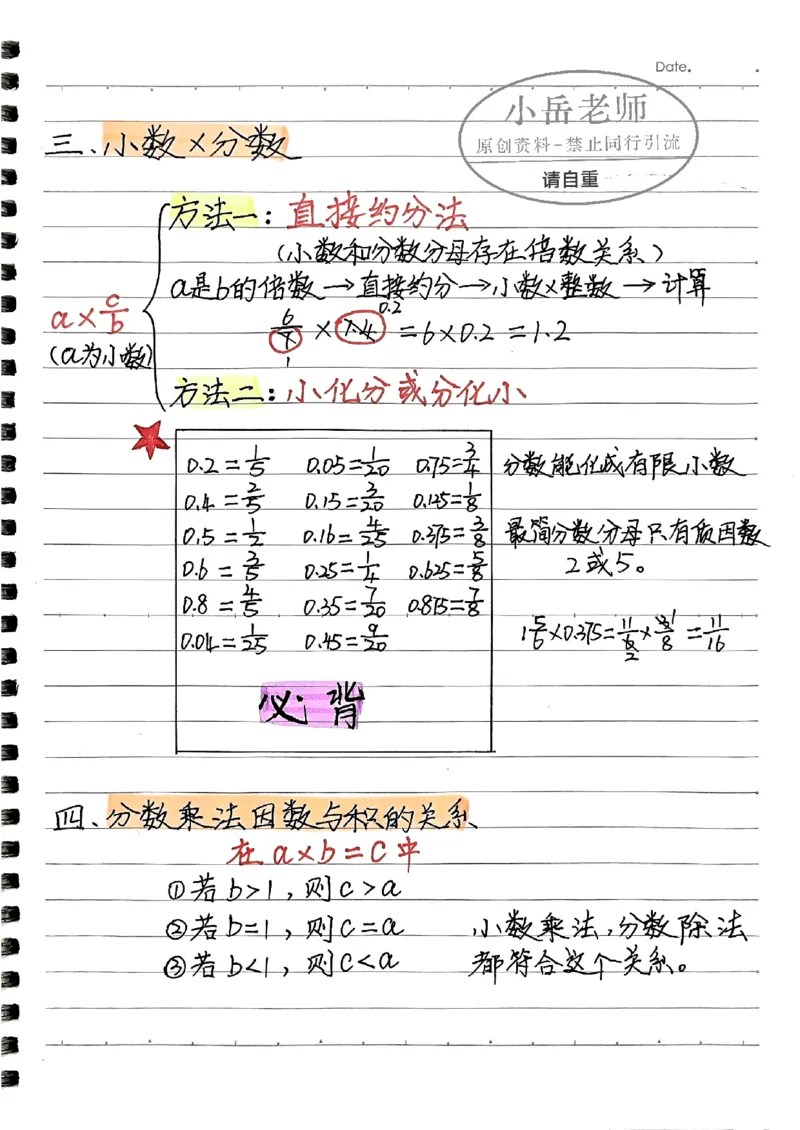 六年级上册手写笔记水印_小学全网线上同款资料_22号文件6上数学分数乘除
