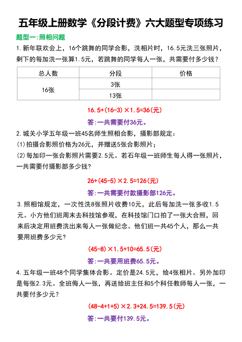 五年级上册数学《分段计费》六大题型专项练习_五上数学25秋