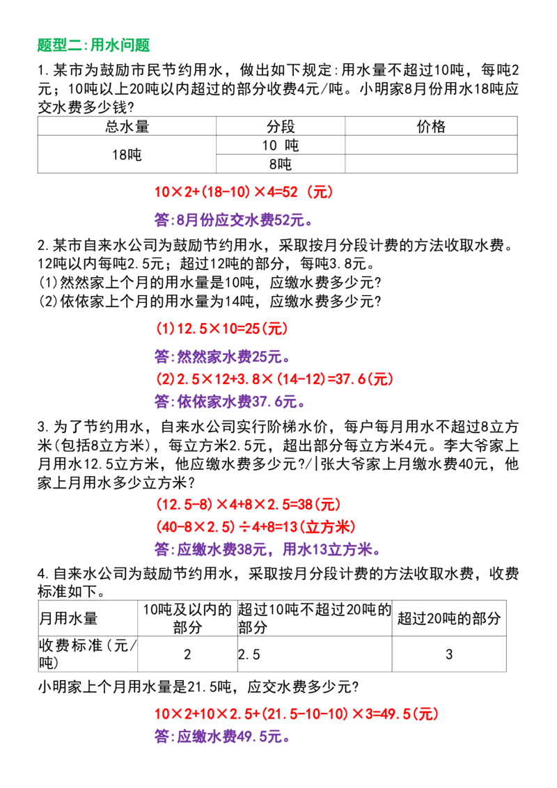 五年级上册数学《分段计费》六大题型专项练习_五上数学25秋