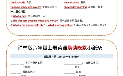 六年级（上）英语晨读晚默小纸条《译林版》