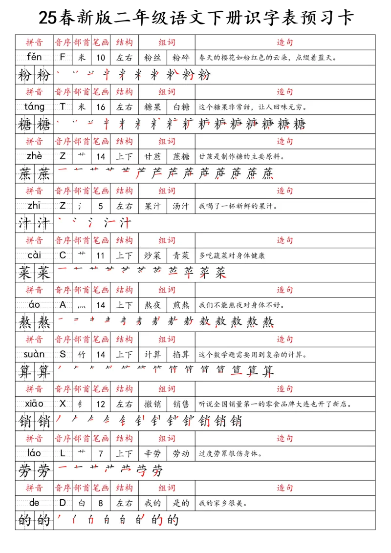 2059二（下）语文识字表预习卡_二年级上下册资料_二年级下册小红书同款资料_二下语文_二下语文