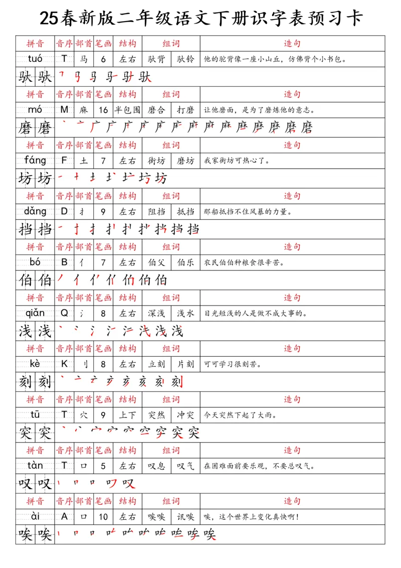 2059二（下）语文识字表预习卡_二年级上下册资料_二年级下册小红书同款资料_二下语文_二下语文