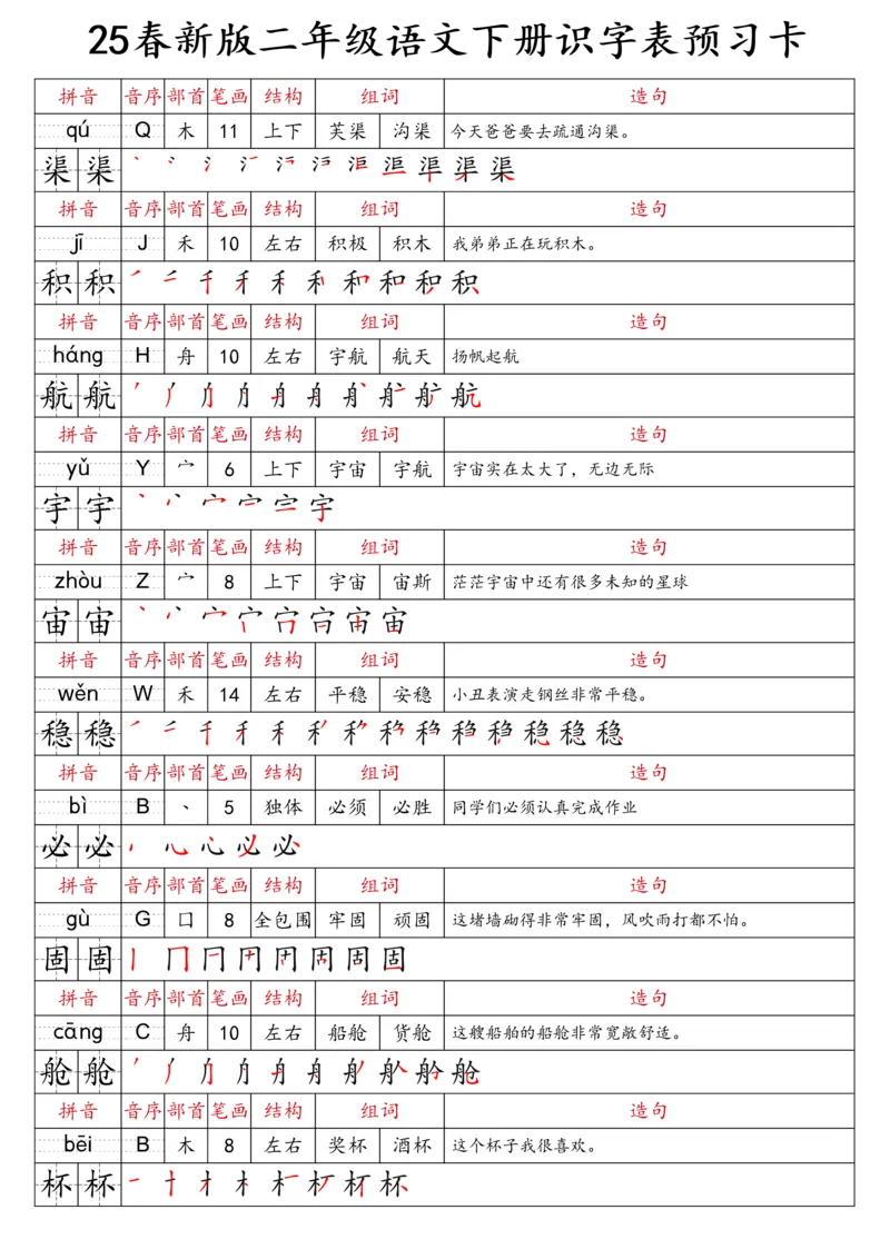 2059二（下）语文识字表预习卡_二年级上下册资料_二年级下册小红书同款资料_二下语文_二下语文