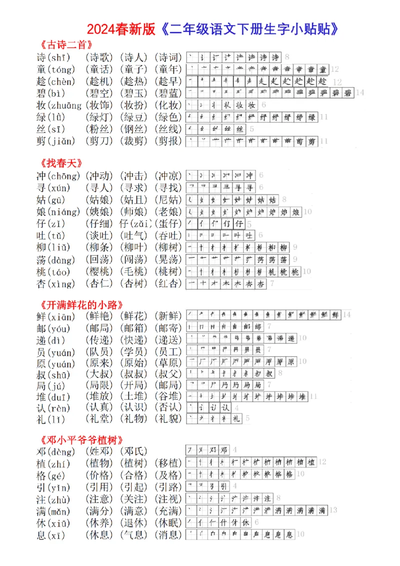 2024最新二年级下册生字拼音组词笔顺小贴贴(1)_二年级上下册资料_小学二年级学习资料-25年更新版_2-02、小学二年级语文下册_2-2-2、练习题、作业、试题、试卷_专项练习