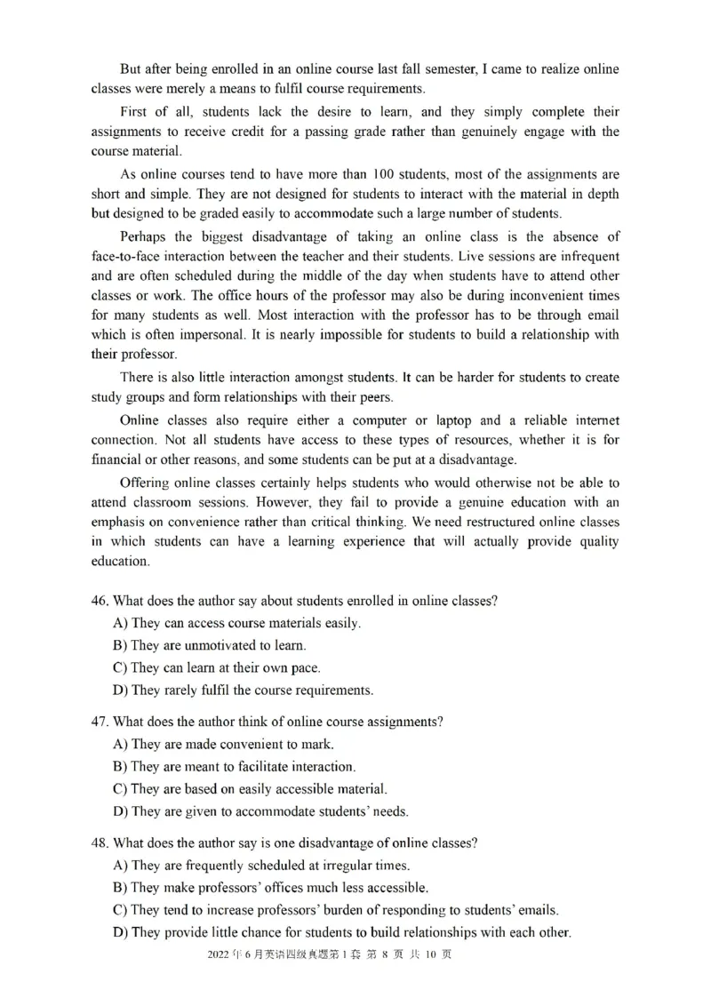 2022.06四级真题第1套可复制可搜索，打印首选_大学英语四级+六级_四级真题_四级真题_2022年06月CET4题+解+音频_01、真题PDF版（推荐打印）❤