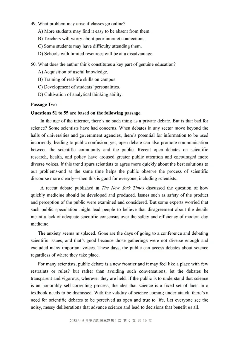 2022.06四级真题第1套可复制可搜索，打印首选_大学英语四级+六级_四级真题_四级真题_2022年06月CET4题+解+音频_01、真题PDF版（推荐打印）❤