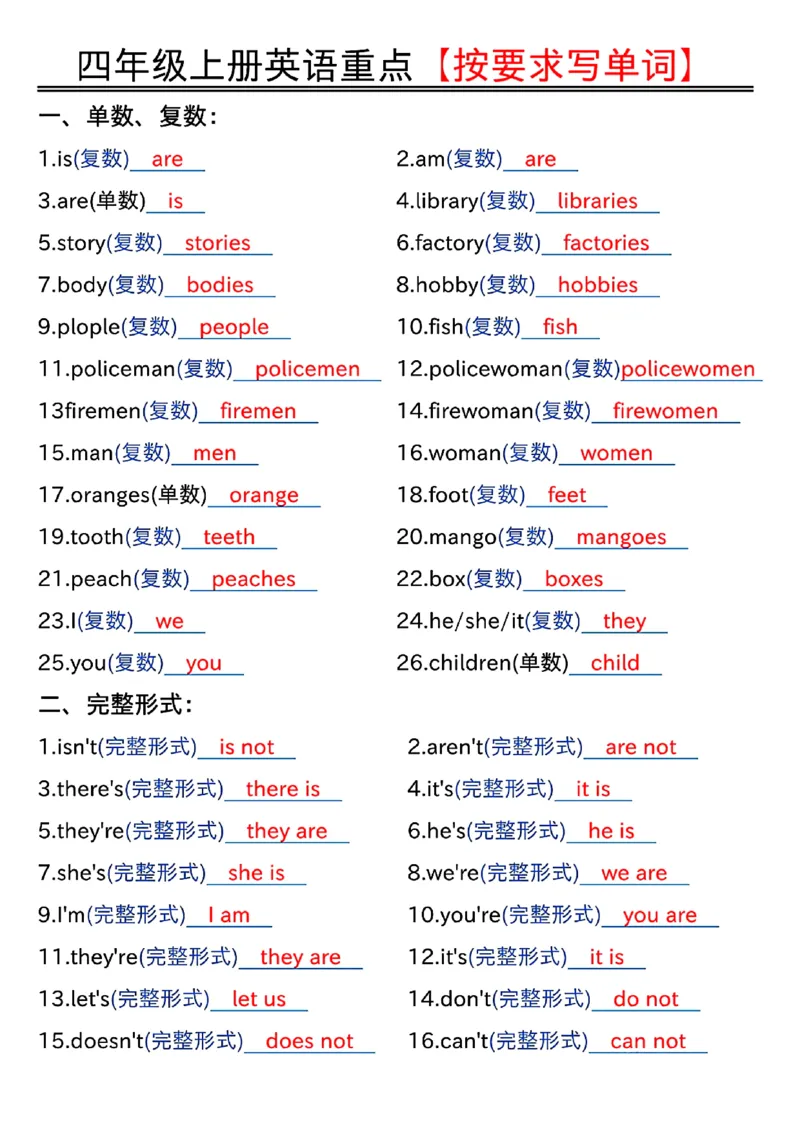 四年级上册英语重点按要求写单词（答案版）_小学全网线上同款资料_11号