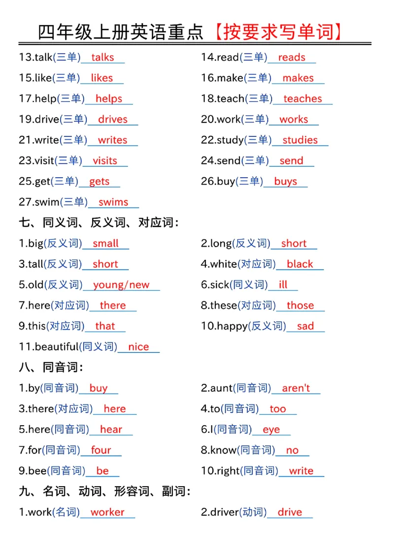 四年级上册英语重点按要求写单词（答案版）_小学全网线上同款资料_11号