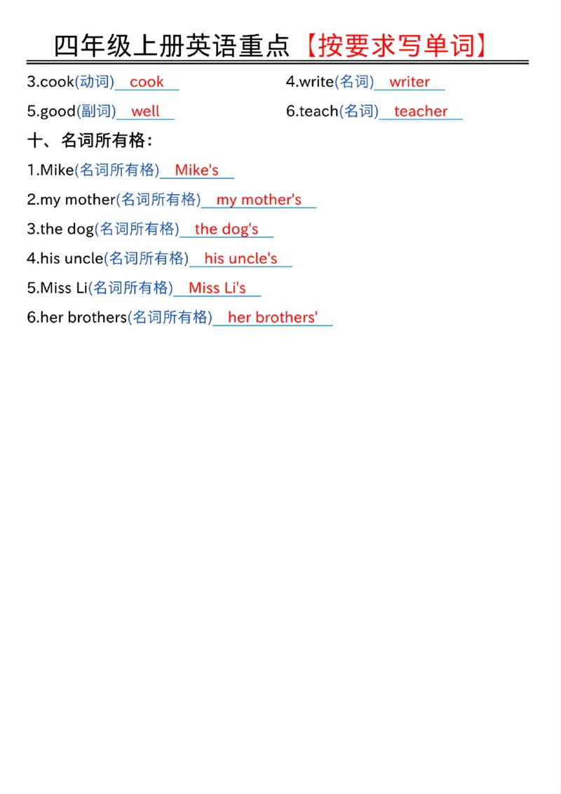 四年级上册英语重点按要求写单词（答案版）_小学全网线上同款资料_11号