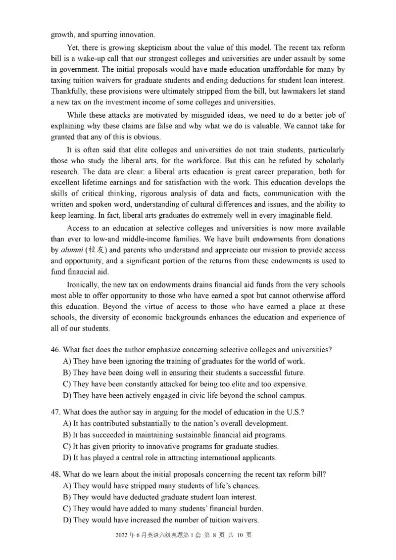 2022.06六级真题第1套可复制可搜索，打印首选_大学英语四级+六级_六级真题_六级真题_2022年06月CET6题+解+音频_01、真题PDF版（推荐打印）❤