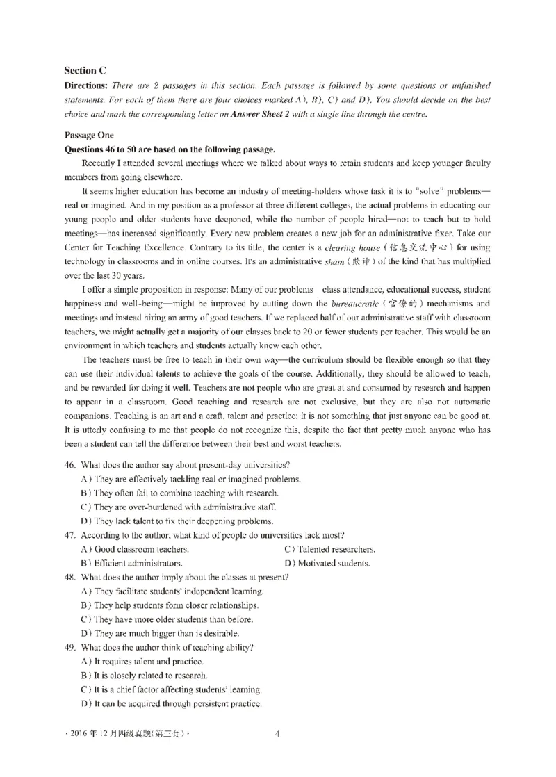 2016年12月大学英语4级（卷3）-可复制搜索_大学英语四级+六级_四级真题_四级真题_1990年-2018年真题资料合集_2016年12月CET4题+解+音频_01、真题PDF版（推荐打印）❤