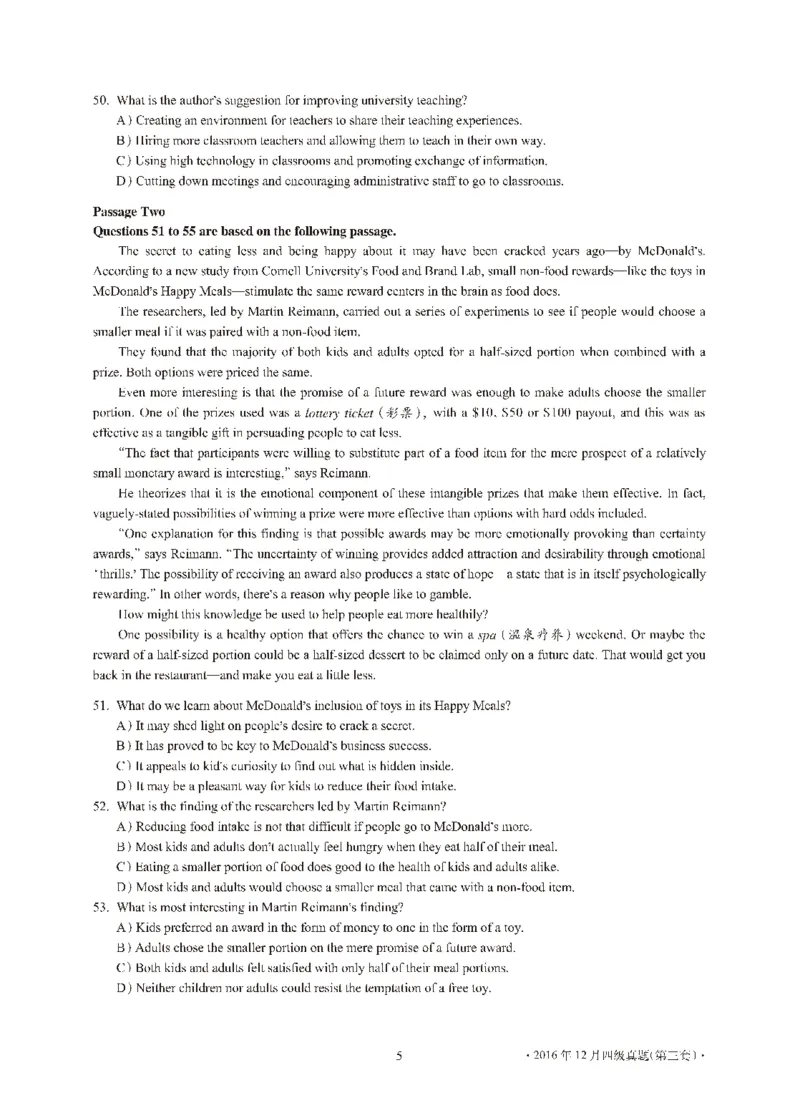 2016年12月大学英语4级（卷3）-可复制搜索_大学英语四级+六级_四级真题_四级真题_1990年-2018年真题资料合集_2016年12月CET4题+解+音频_01、真题PDF版（推荐打印）❤