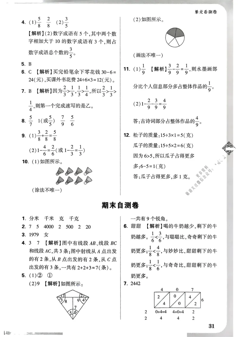 数学RJ3年级上：单元自测卷_25秋小白鸥情景题数学人教版三年级上册
