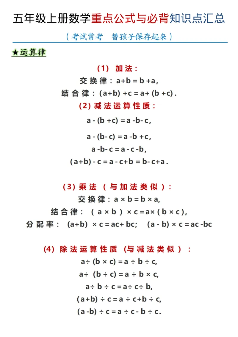 五年级（上）数学重点公式与必背知识汇总_🍎⭐️期中知识汇总人教25年上册