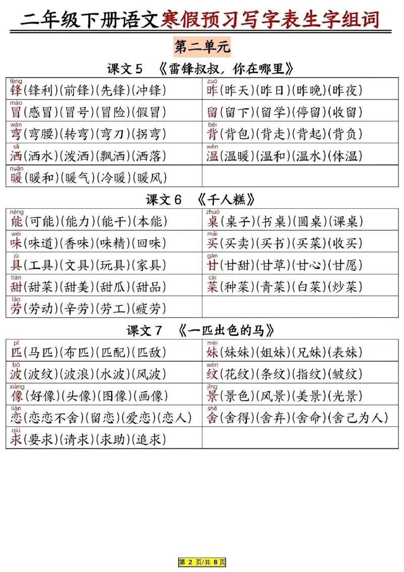 2024二年级下册语文寒假预习写字表生字组词_二年级上下册资料_小学二年级学习资料-25年更新版_2-02、小学二年级语文下册_2-2-2、练习题、作业、试题、试卷_专项练习