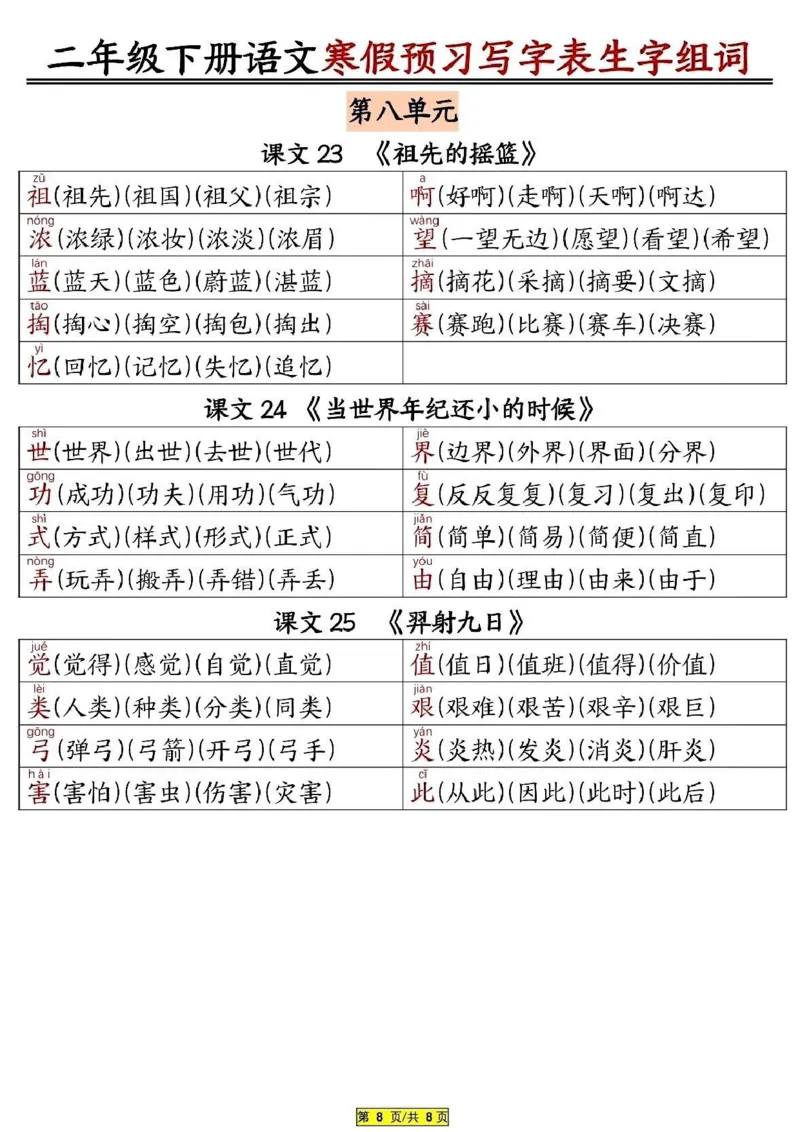 2024二年级下册语文寒假预习写字表生字组词_二年级上下册资料_小学二年级学习资料-25年更新版_2-02、小学二年级语文下册_2-2-2、练习题、作业、试题、试卷_专项练习
