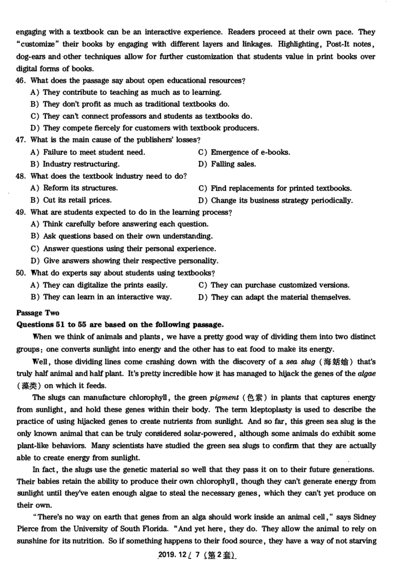 2019.12月四级真题第2套可复制可划线查词_大学英语四级+六级_四级真题_四级真题_2019年12月CET4题+解+音频_01、真题PDF版（推荐使用）❤