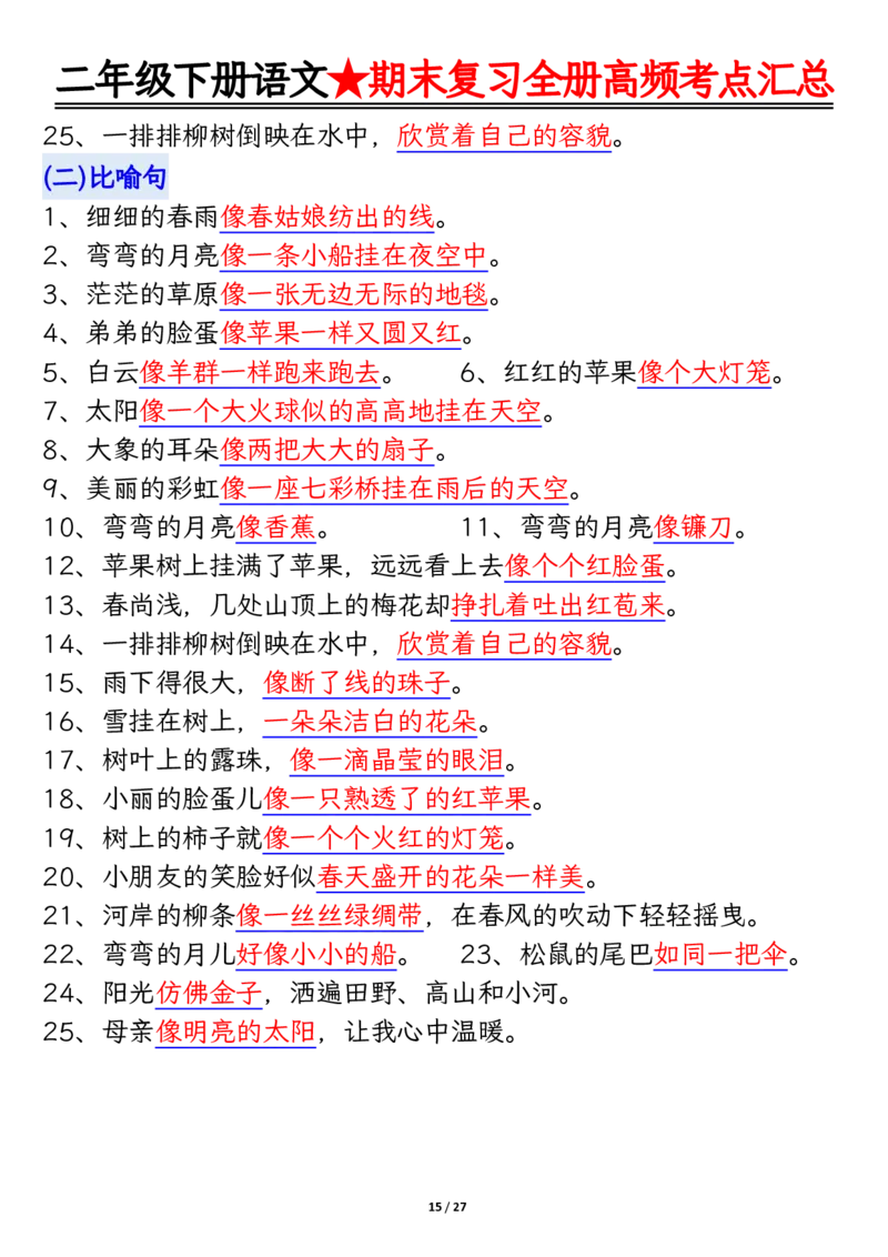 2071二下丨语文全册高频考点汇总27页_二年级上下册资料_二年级下册小红书同款资料_二下语文_二下语文