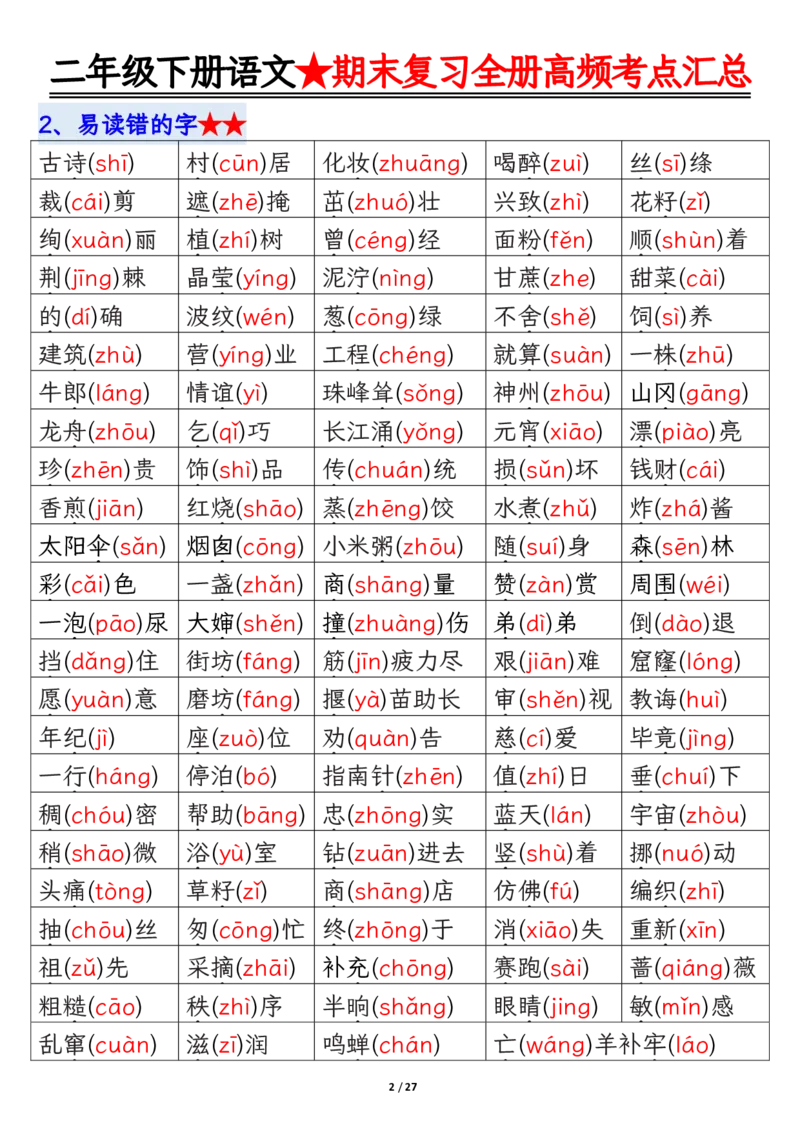 2071二下丨语文全册高频考点汇总27页_二年级上下册资料_二年级下册小红书同款资料_二下语文_二下语文