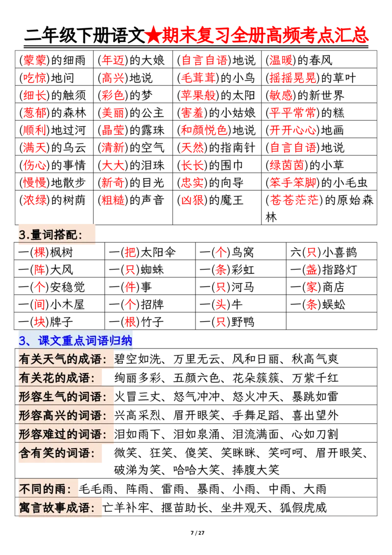 2071二下丨语文全册高频考点汇总27页_二年级上下册资料_二年级下册小红书同款资料_二下语文_二下语文
