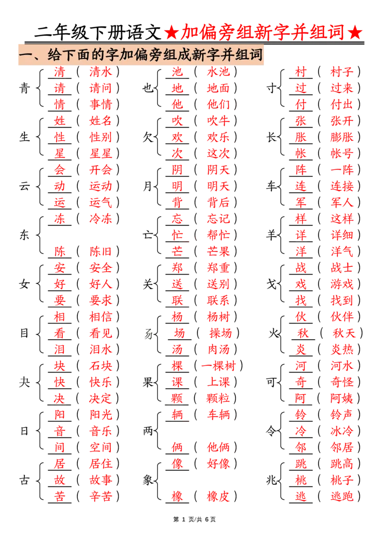 3.12加偏旁部首组新字并组词二下语文(1)_二年级上下册资料_小学二年级学习资料-25年更新版_2-02、小学二年级语文下册_2-2-2、练习题、作业、试题、试卷_专项练习