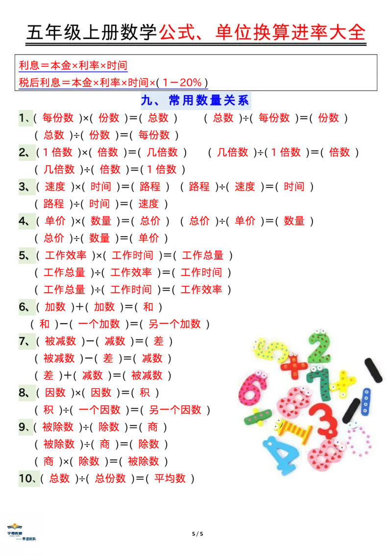 五年级上册数学公式、单位_小学全网线上同款资料_11号