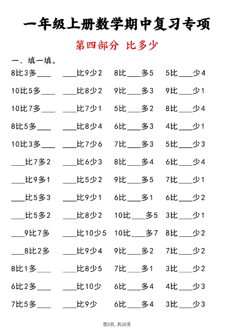 24新一上数学八大专项期中复习（20页）_一到六小学晨读晚默晨诵晚读_24秋一年级上册各类资料(小纸条知识点默写单)