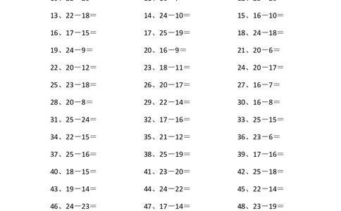 25以内减法第31~50篇_小学数学口算竖式脱式计算应用题一二三四五六年级上下册电_小学数学口算题库电子版（1-6）_小学数学口算一年级_口算题适合1年级(含答案）