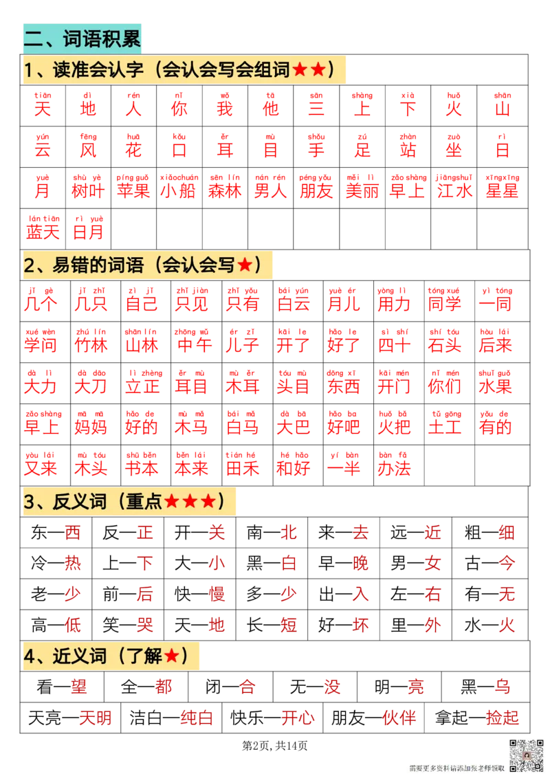 24秋一上语文必背汇总_满分资料专属_一年级上下册资料_一年级上册小红书同款资料_一年级上册资料