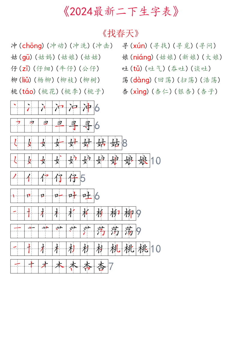 2024最新版二下生字表拼音组词笔顺_二年级上下册资料_小学二年级学习资料-25年更新版_2-02、小学二年级语文下册_2-2-2、练习题、作业、试题、试卷_专项练习