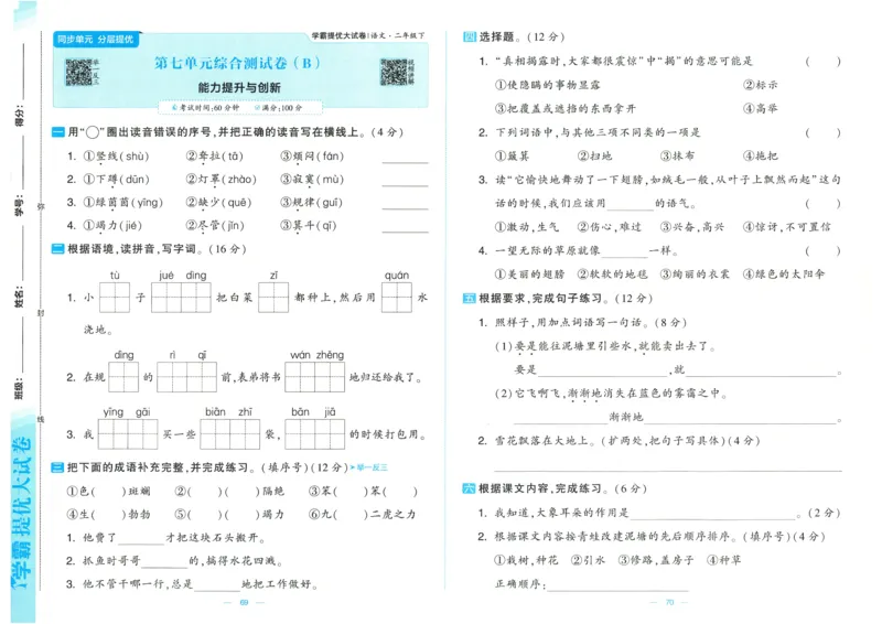 25春学霸提优大试卷人教语文2下_二年级上下册资料_53黄冈多个品牌系列资料_语文