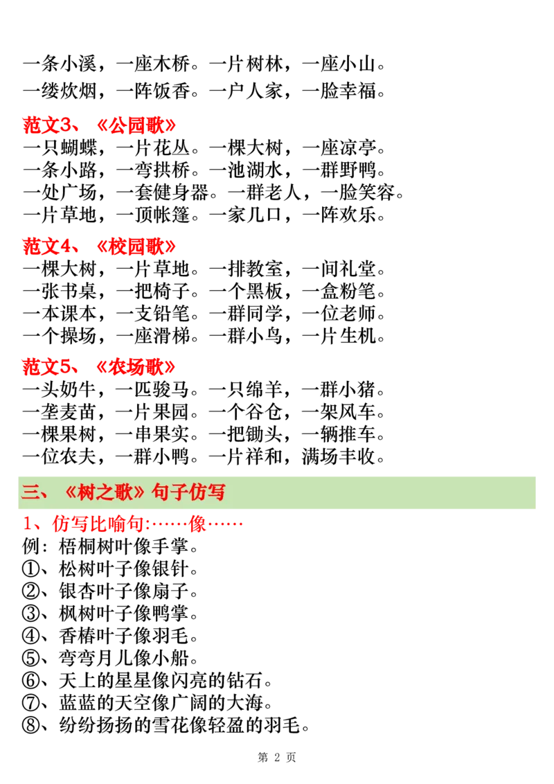2312二上语文第二单元仿写范文20篇（高清版7页）场景歌、树之歌、拍手歌、田家四季歌_一到六小学晨读晚默晨诵晚读_24秋二年级上册各类资料(小纸条知识点默写单)