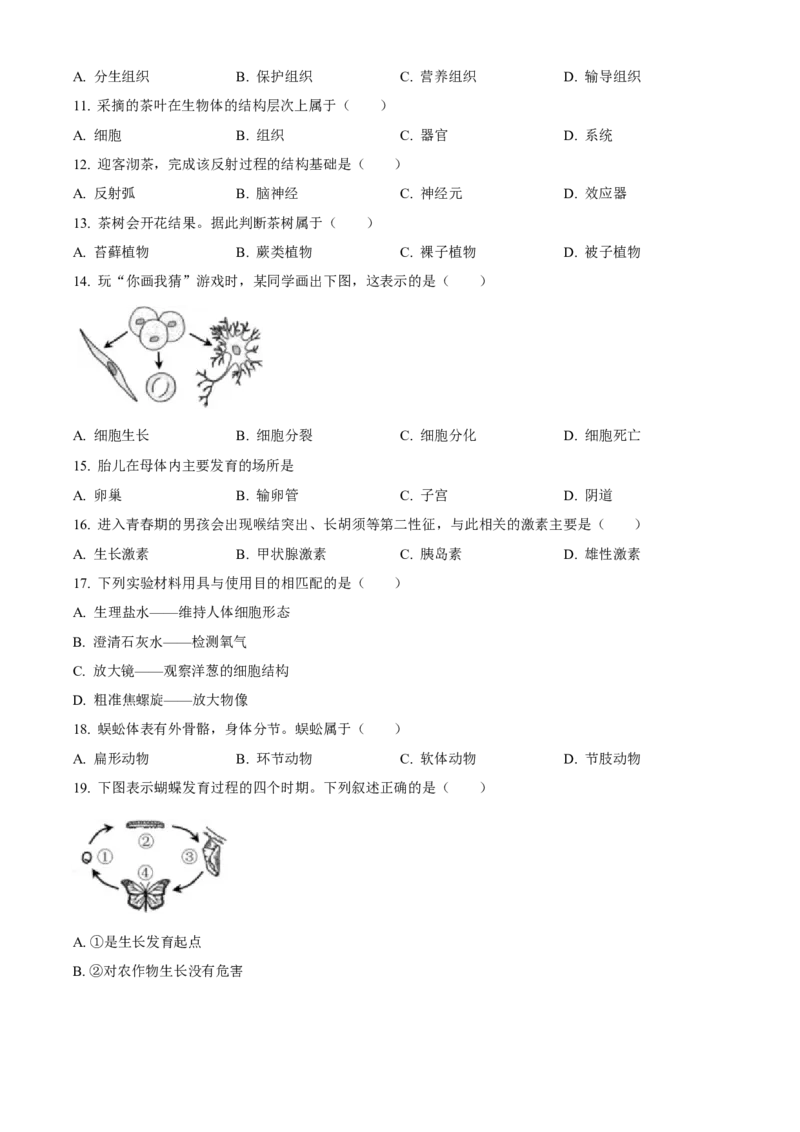 2023年福建省中考生物真题（空白卷）_福建中考1_6.福建中考生物（2017-2025）